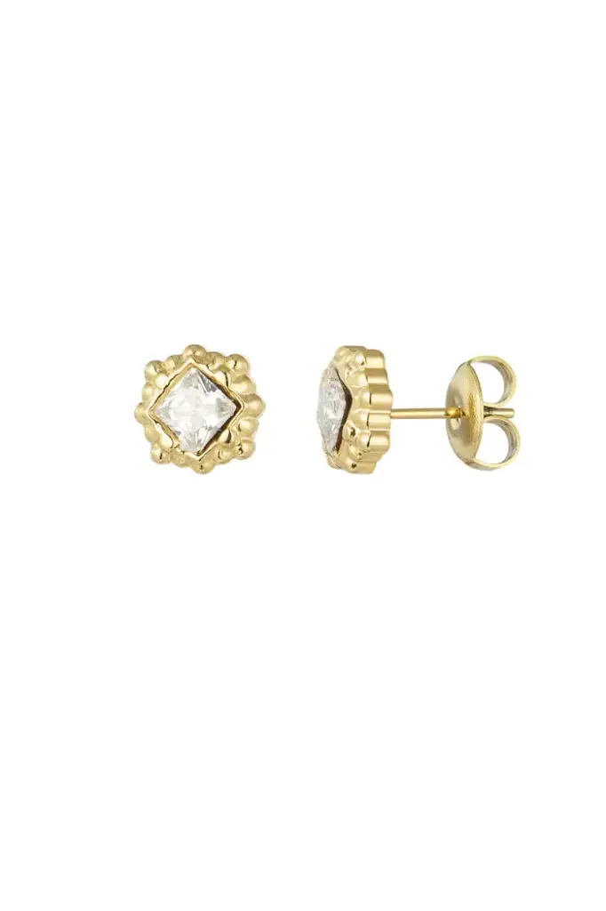 Studs met structuur en diamant - goud- Stainless Steel per stuk